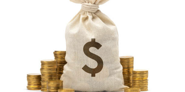 Money bag with dollar sign and stack of coins. isolated on white background.