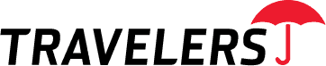 Travelers Company Logo in black text with a red umbrella